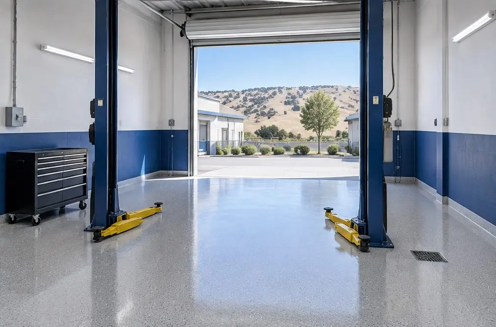 Illustration: a tidy auto repair bay with a two-post lift, a light-gray quartz epoxy floor and a roll-up door open to daylight