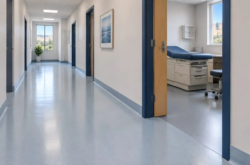 Illustration: a quiet clinic corridor with a seamless pale sage-gray floor coating, a coved base at the wall and an open exam room door