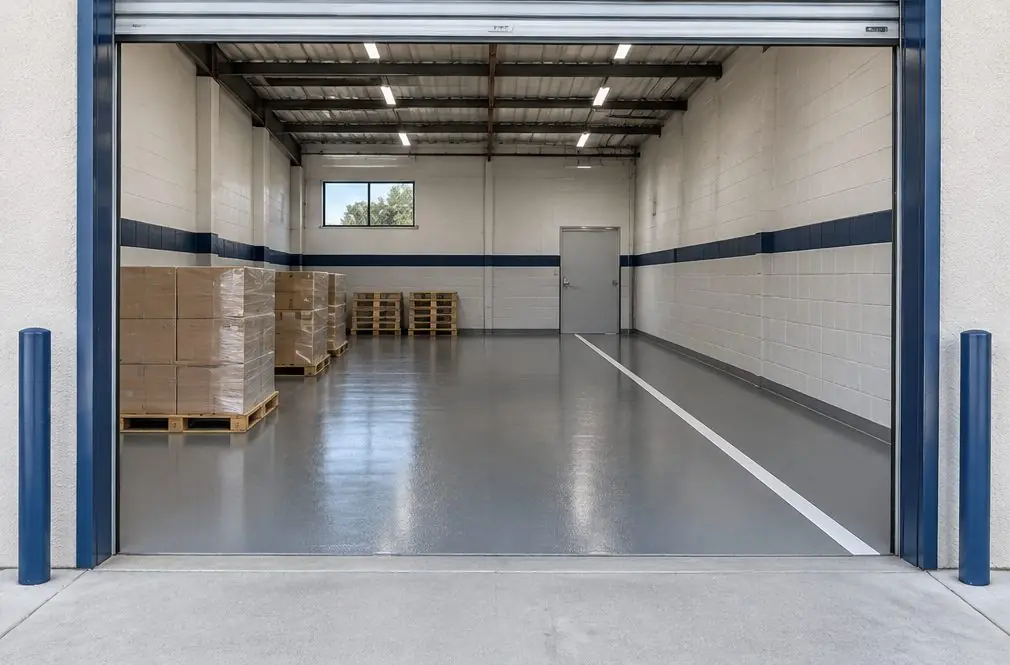 Illustration: a bright commercial interior floor in warm gray epoxy with a painted yellow walkway line and a coved edge at the wall, seen from a roll-up door