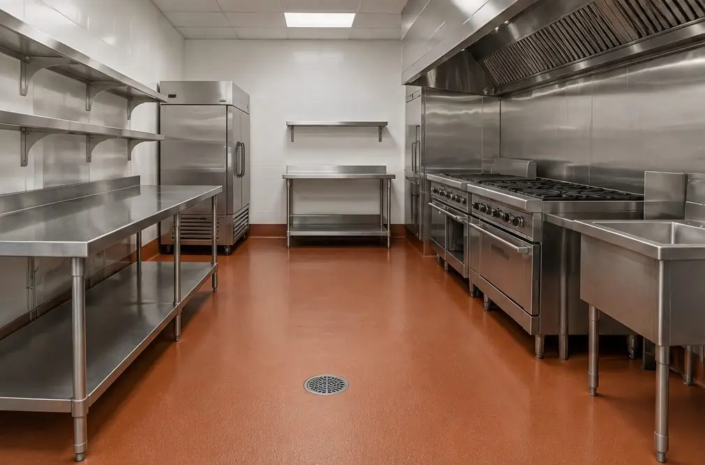 Illustration: a small restaurant kitchen with a seamless brick-red urethane cement floor, a floor drain, stainless prep tables and a coved base at the walls