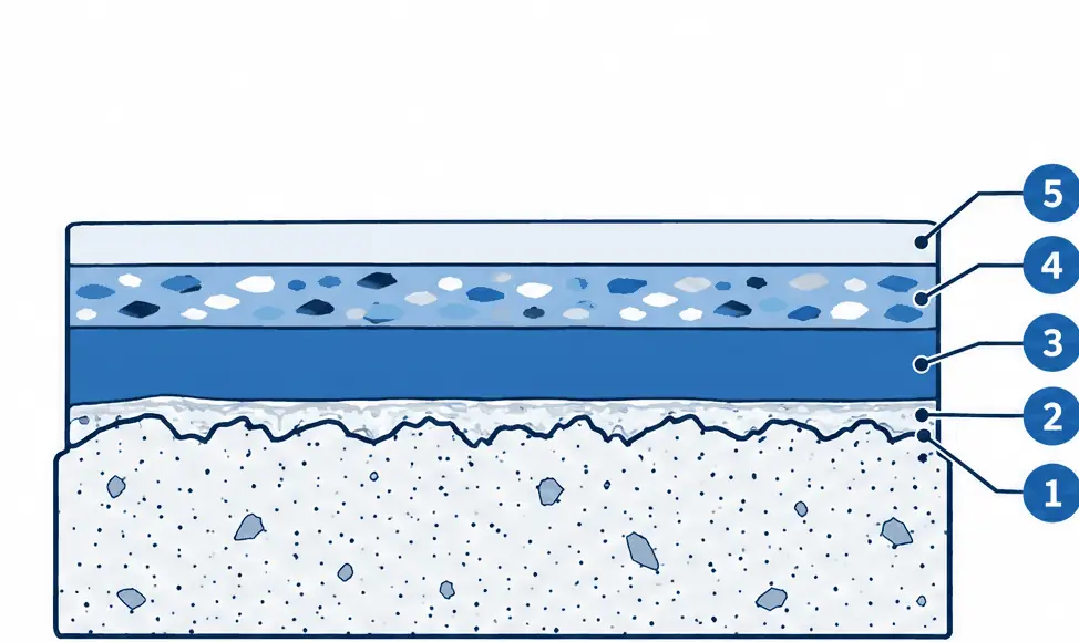 Diagram: cross-section of a flake epoxy garage floor, ground concrete, primer, pigmented base coat with broadcast flakes and a clear top coat