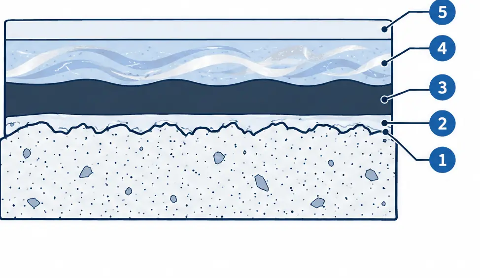 Diagram: cross-section of a metallic epoxy garage floor, ground concrete, primer, opaque base coat, a metallic pigment coat and a clear top coat