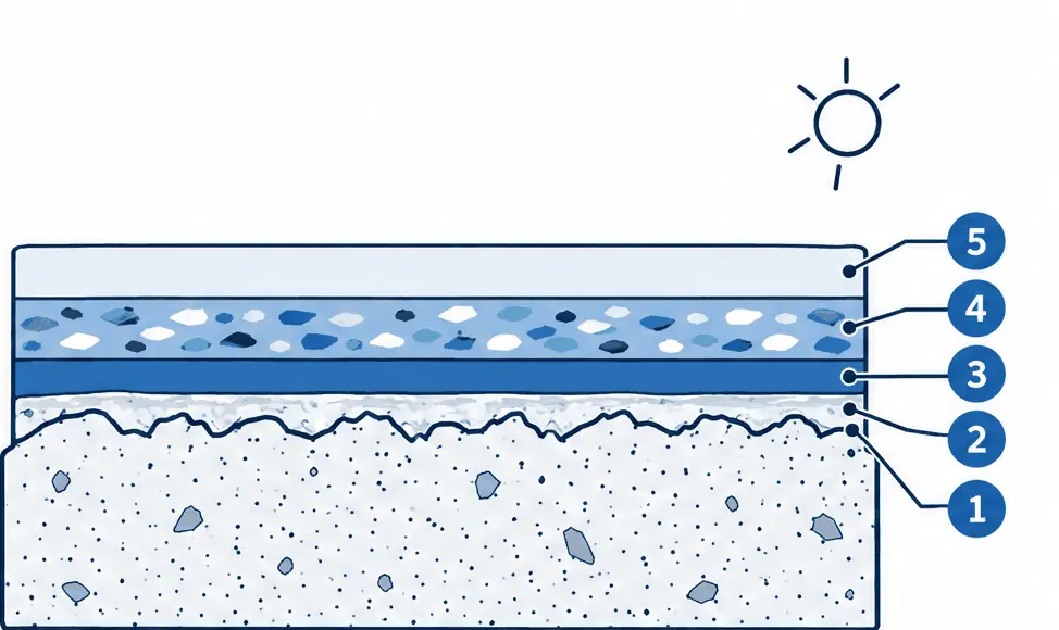 Diagram: cross-section of a polyaspartic garage floor, ground concrete, thin polyaspartic base, broadcast flakes and a polyaspartic clear top coat