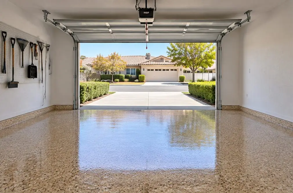 Illustration: a wide three-car garage with a blue-gray and white flake epoxy floor, a workbench along the back wall and the doors open to daylight