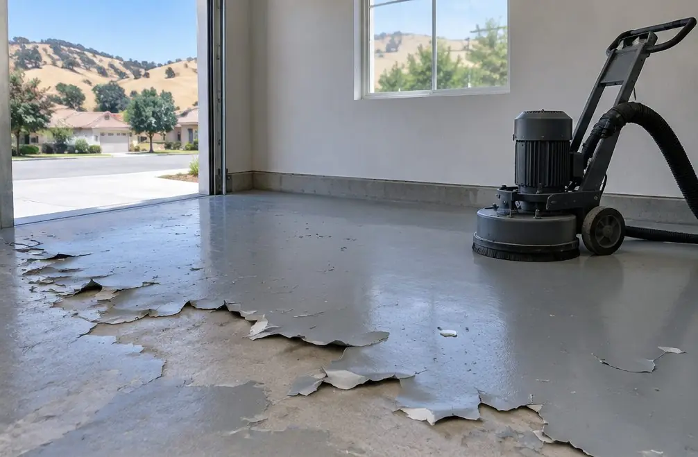 Illustration: a garage floor with curling gray coating and bare concrete patches beside a shrouded grinder, ready for removal