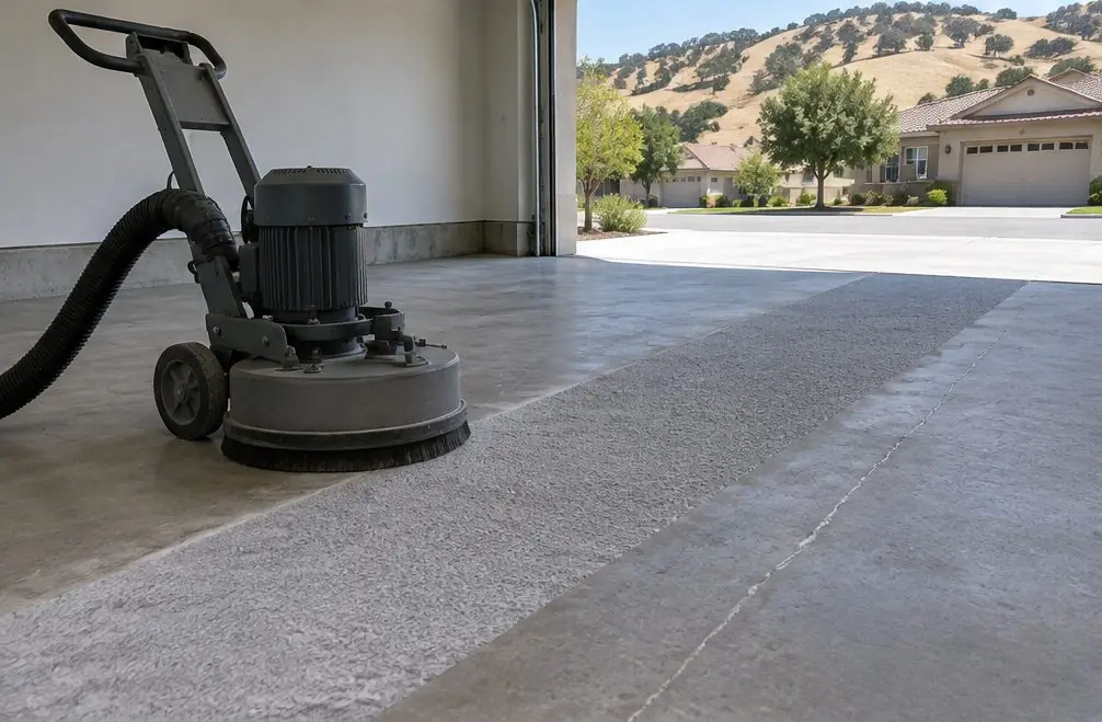 Illustration: a dust-shrouded diamond grinder with a vacuum hose on a bare concrete garage slab, a hairline crack already filled flush beside it