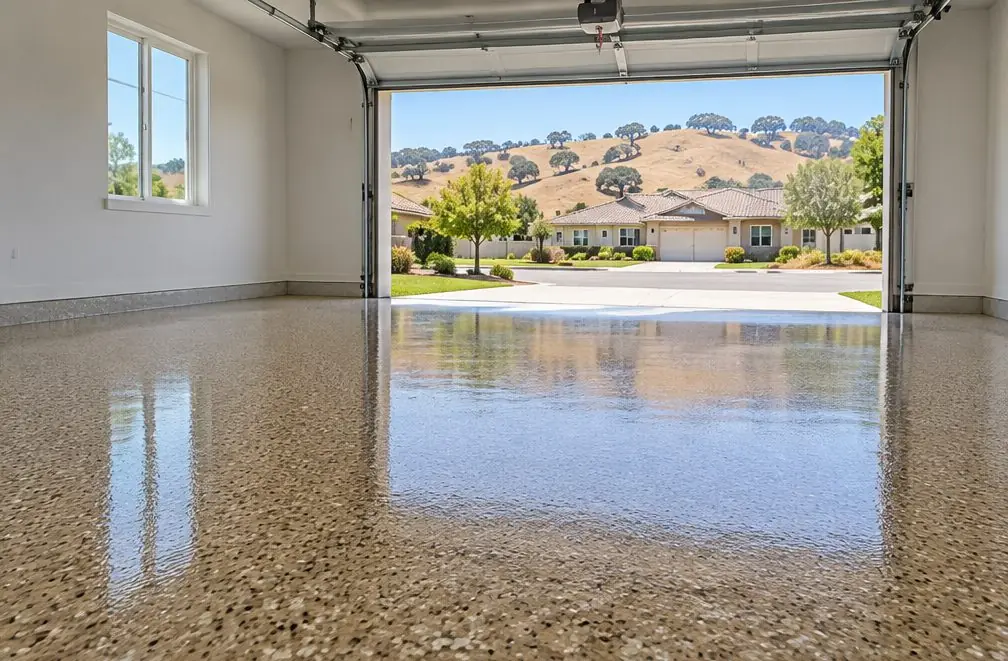 Illustration: a two-car garage floor in a tan and brown flake system under a clear gloss coat