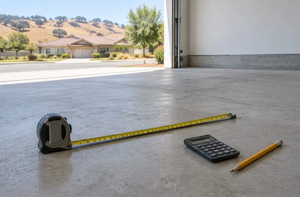 Illustration: a tape measure laid across a bare concrete garage floor with a calculator and a pencil beside it