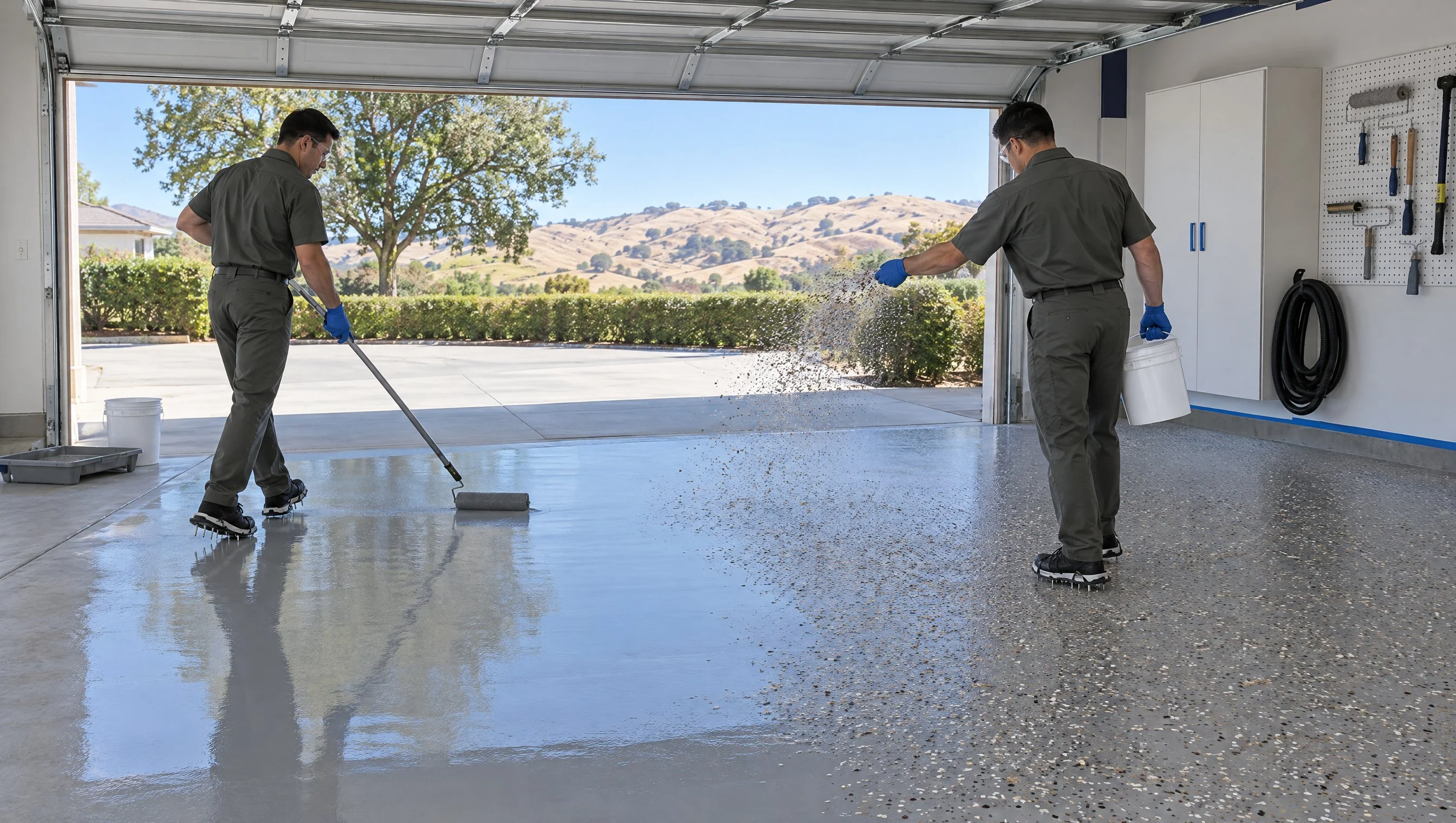 Illustration: two coating crew members in matching uniforms in a clean two-car Vacaville garage with the door open to morning light, one rolling the base coat and the other broadcasting color flakes by hand, no car inside (AI-generated)