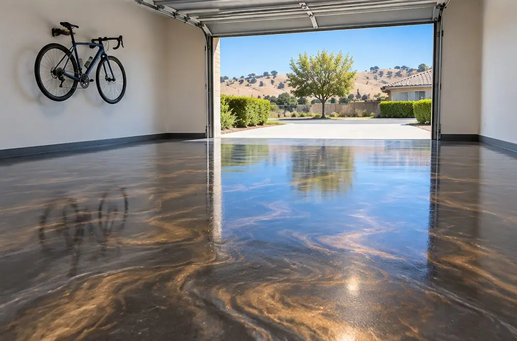 Illustration: a swirled charcoal and bronze metallic epoxy floor in a single-car garage with two steps up to a side door and the main door open to daylight