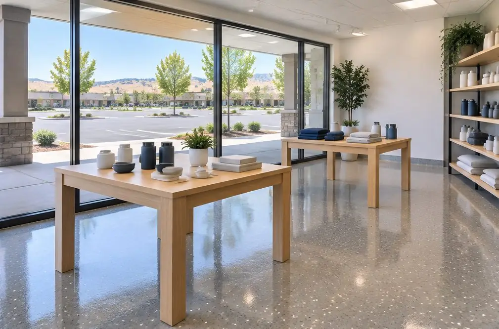 Illustration: a bright retail showroom with a warm-gray flake epoxy floor, display tables and a wide front window onto a shopping center parking lot