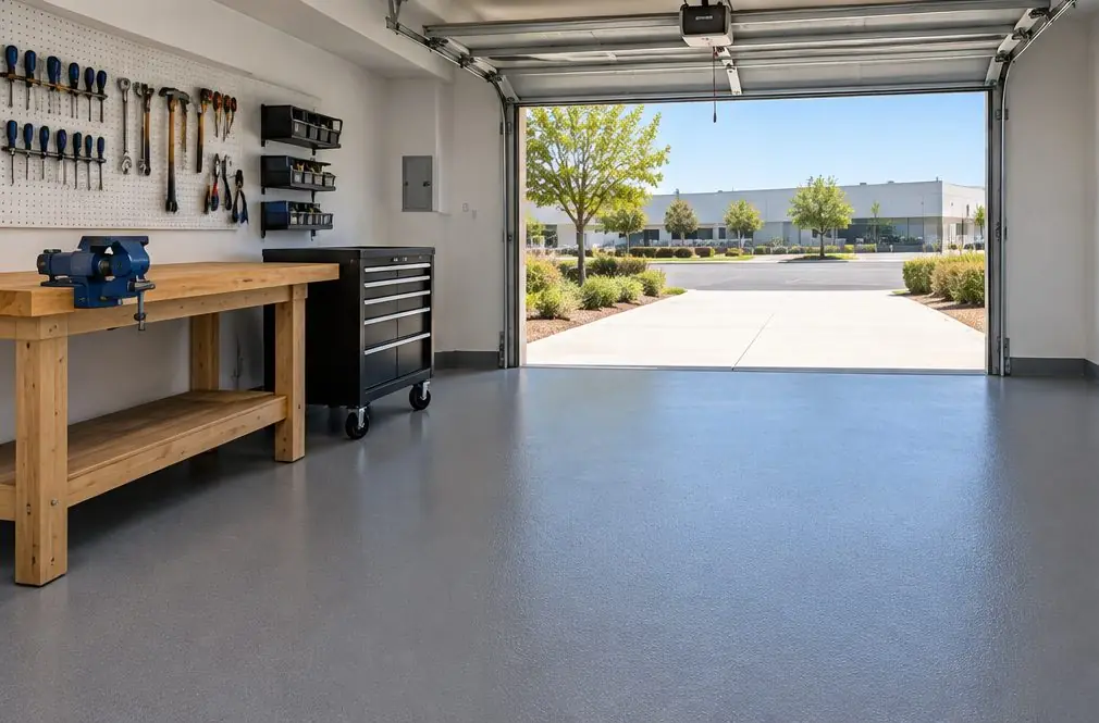 Illustration: a smooth mid-gray garage workshop floor with a workbench and pegboard along the back wall, the door raised to bright daylight
