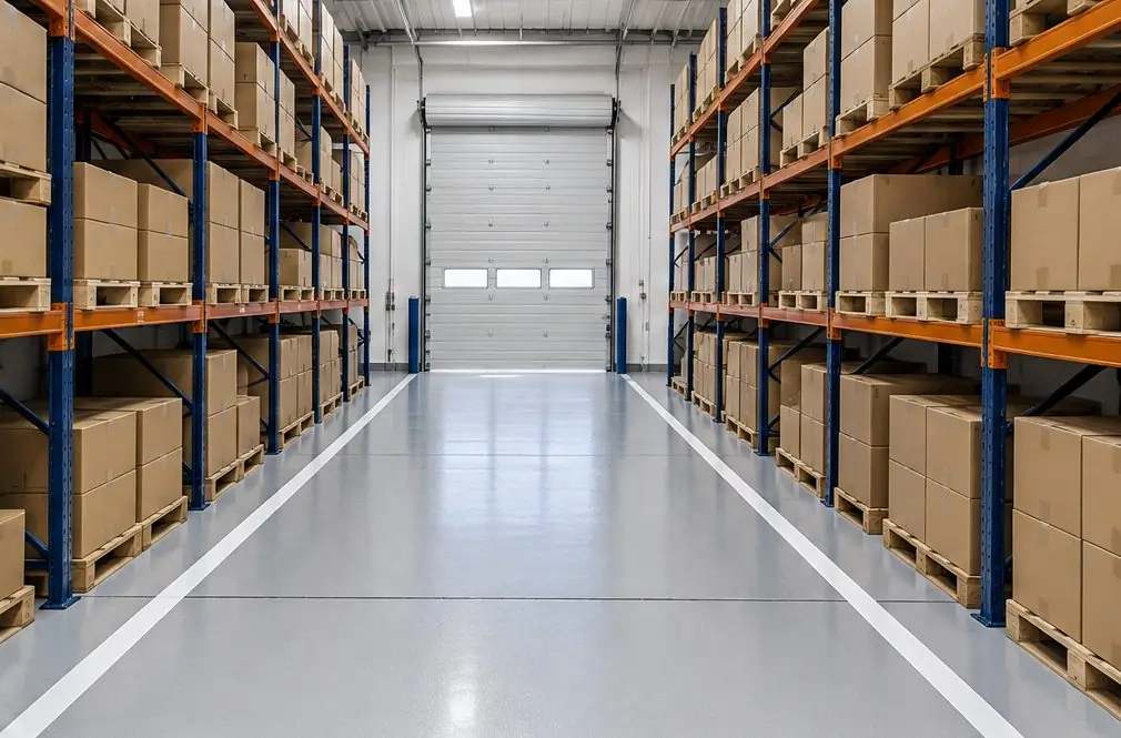 Illustration: a flex warehouse with a light-gray epoxy floor, filled saw-cut joints, a roll-up door at grade and pallet racking along one side